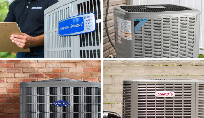 A collage featuring four different brands of outdoor HVAC units including American Standard, Daikin, Carrier, and Lennox
