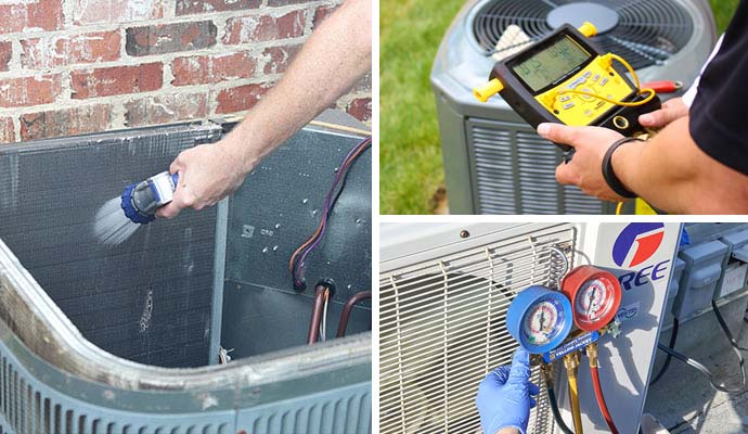 AC coil cleaning and refrigerant pressure testing collage.