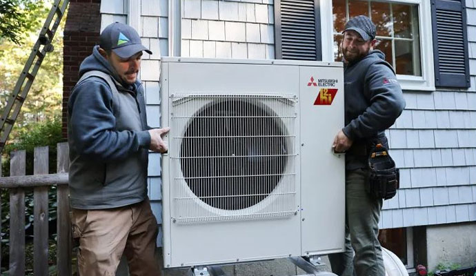 Professional technician installing an AC unit outside a residential house