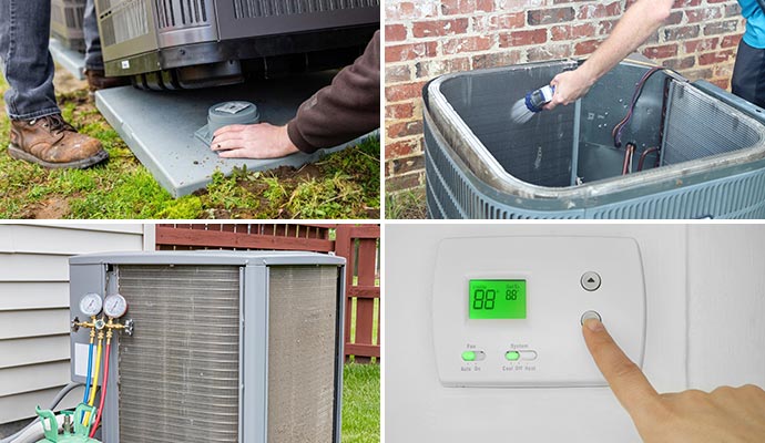 Collage of ac installation coil cleaning outdoor HVAC and thermostat