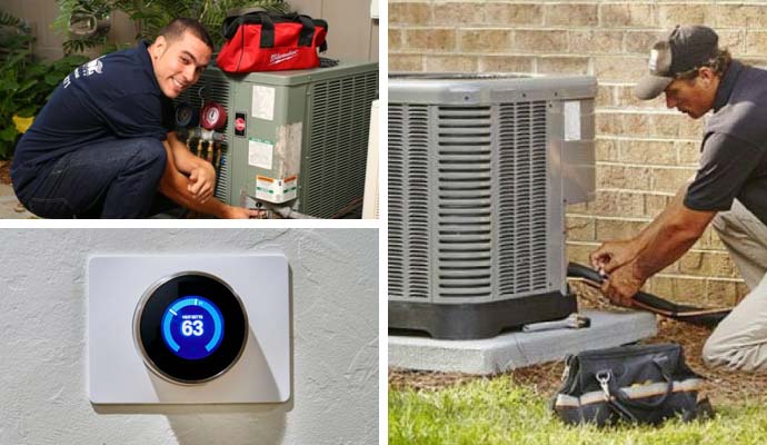 Collage of AC maintenance service and thermostat