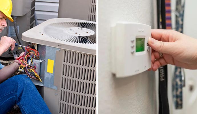 Collage of AC repair and controlling thermostat