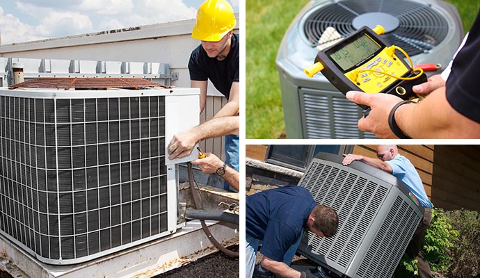 Collage of heating system repairing, maintenance and installation