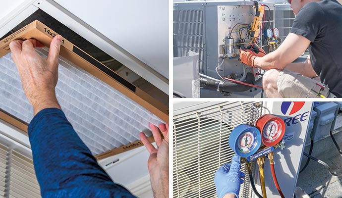 Collage of HVAC repairing, a technician working on an outdoor AC unit and HVAC pressure inspection using pressure gauge set