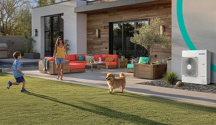 A boy and a girl playing with a dog outside of a house