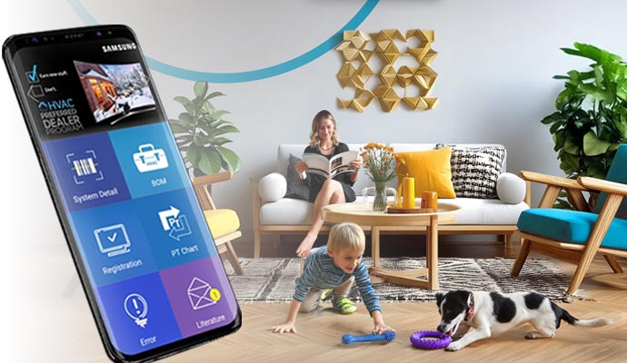 HVAC control panel in smartphone with comfortable temperature in living room