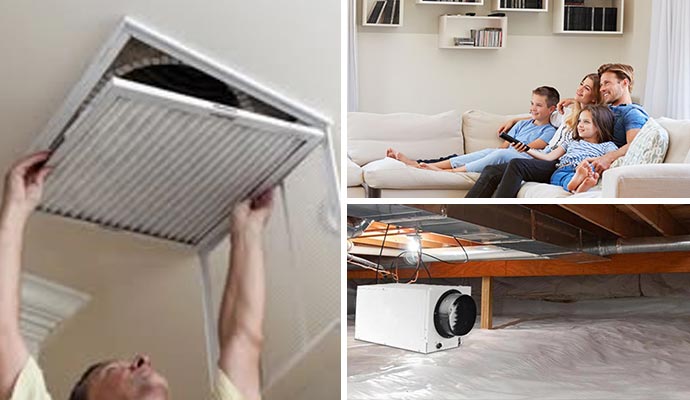Collage of duct cleaning, happy family watching tv and crawl space dehumidifier