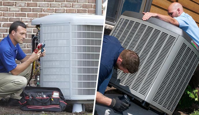 Collage of an expert inspecting a heating system and two professionals installing a heating system