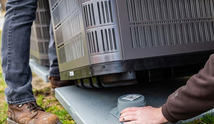 Technicians positioning an outdoor heat pump unit onto a ground pad