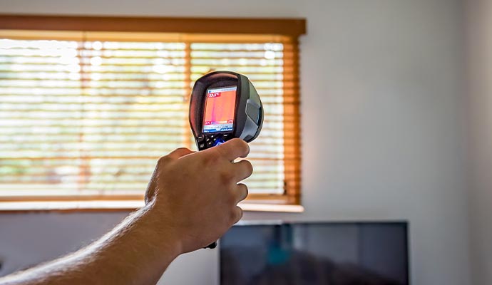 person holds a thermal imaging camera in a room