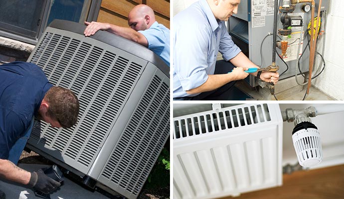 Collage of heating system replacement, furnace repairing and a newly installed radiator