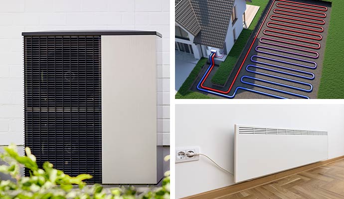 Heat pump unit, geothermal underground loop diagram, and wall-mounted radiator heater