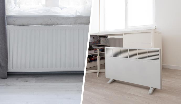 A side-by-side view of a fixed wall radiator and a portable electric space heater in a modern home