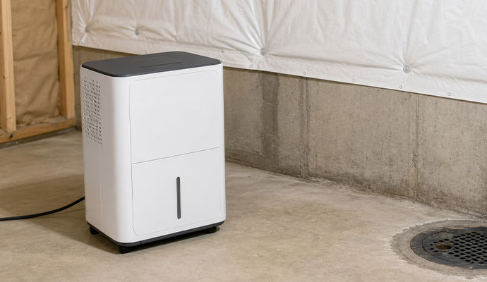 Dehumidifier unit operating in a utility area to reduce indoor humidity