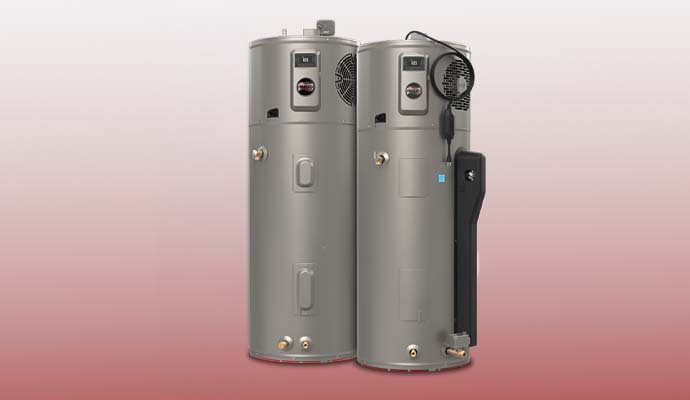 Two hybrid heat pump water heaters standing side by side.