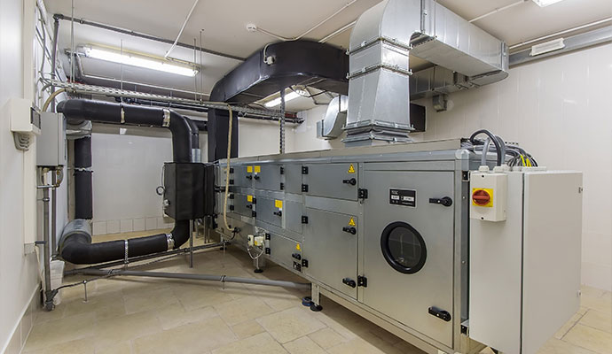 Indoor air handler system with ventilation duct work and control panels