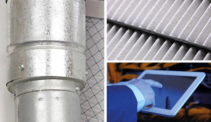 Collage of a metal air duct filter, a detail of an air filter and a pereson monitoring the air duct system