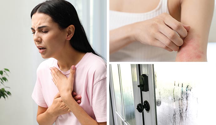 Collage of a person having breathing issue, rash on a person's arm and a heavy condensed window pane