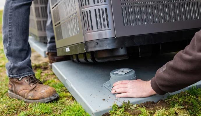 Technician adjusting leveling base under outdoor AC condenser unit