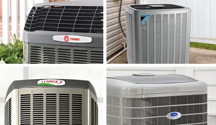Collage of different residential outdoor AC condenser units from various brands