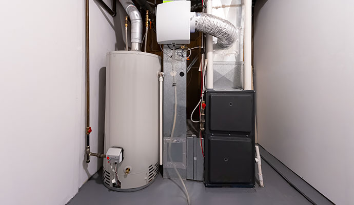 Residential heating system and furnace installed in a home utility area