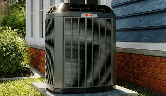 Installed Trane outdoor air conditioner beside a house.
