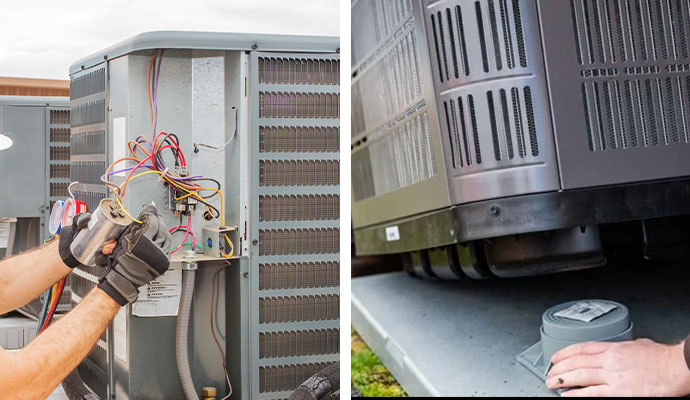 Collage of technician repairing AC wiring and leveling outdoor condenser unit