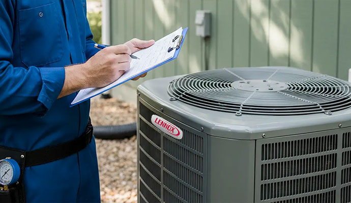 A professional technician filling out a checklist next to a newly installed Lennox air conditioning unit