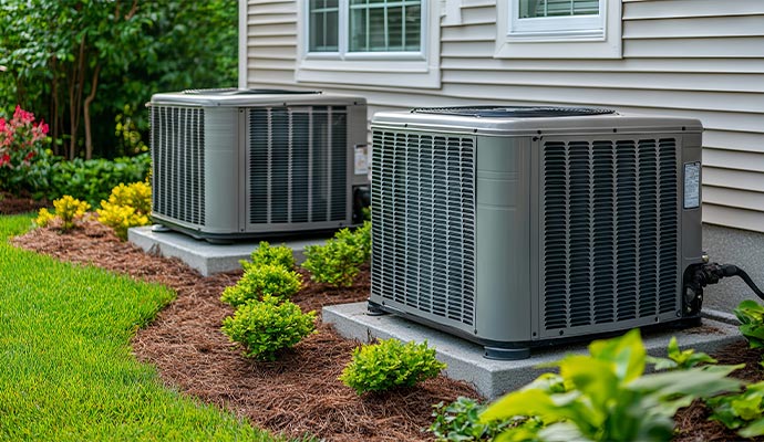 Two outdoor residential air conditioning units installed on concrete pads next to a home