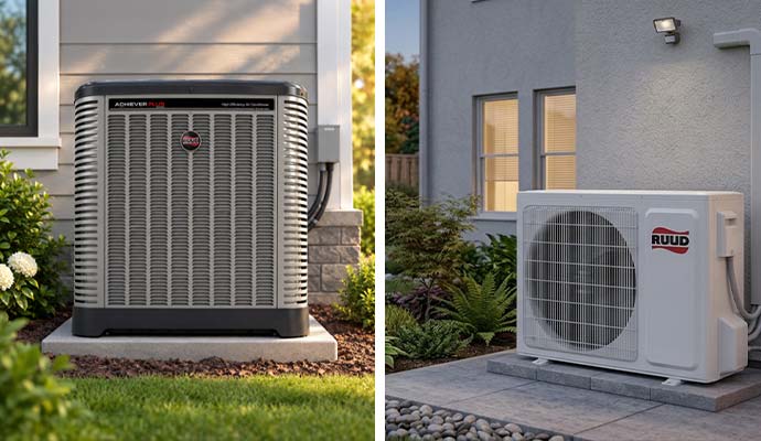 Two Ruud outdoor air conditioning units installed beside homes.
