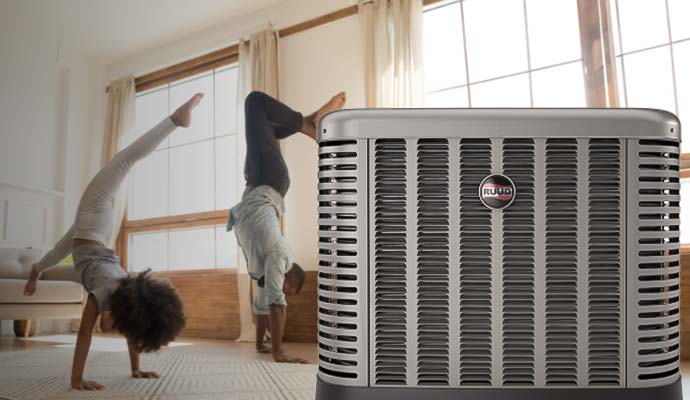 Ruud outdoor HVAC unit shown with a comfortable home interior.