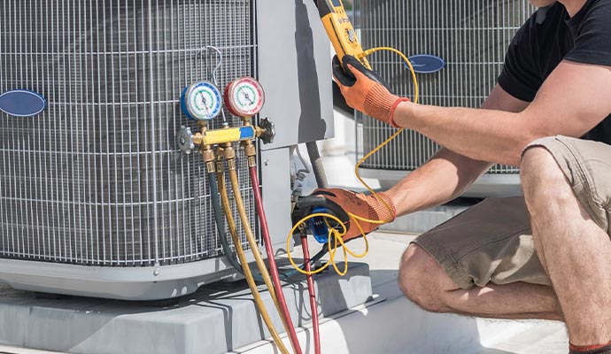 worker maintaining heat pump